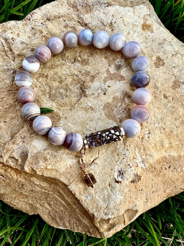 Браслет из Агата с Кристаллами Swarovski розовый с подвеской Куб