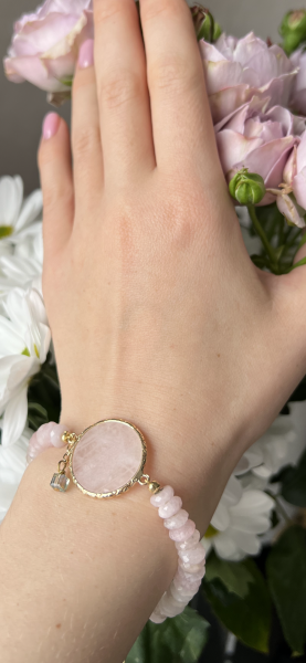 Браслет из Кунцита, Розового Кварца, кристалла Swarovski розовый.